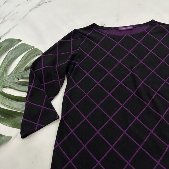 Cut Loose Womens Knit Top Size XS Black Purple Window Pane Plaid 3/4 Sleeve - Picture 4 of 12